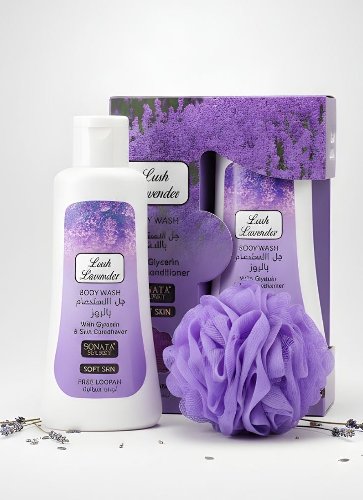 Lush Lavender Body Wash Gift Set with Glycerin and Skin Conditioner – Lavender Floral Scent Body Cleanser with Free Loofah, Purple, 1 Set - Image 2